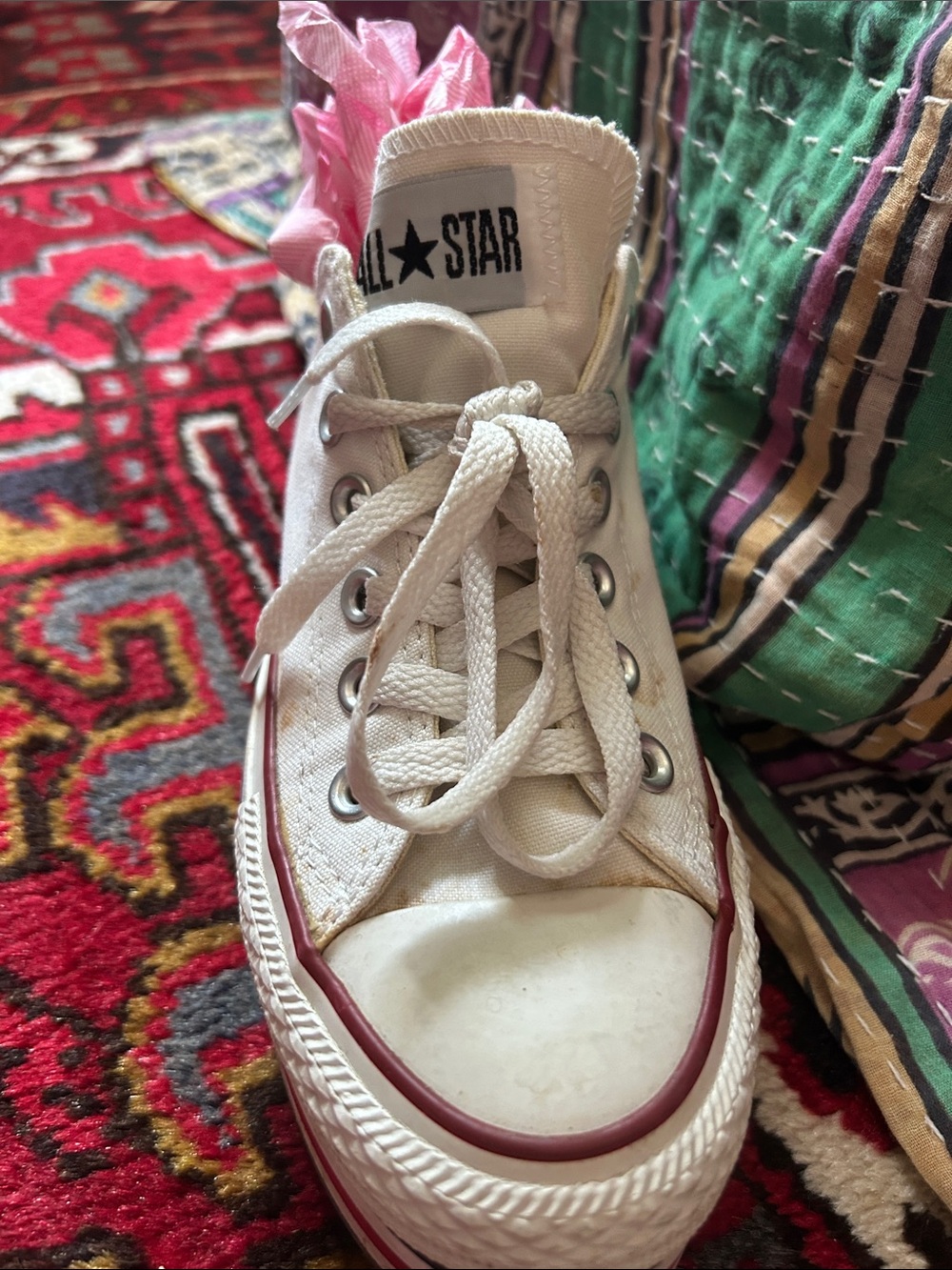 Converse White Low-Top Platform Sneakers with Red and Navy Stripe - Picture 2 of 5